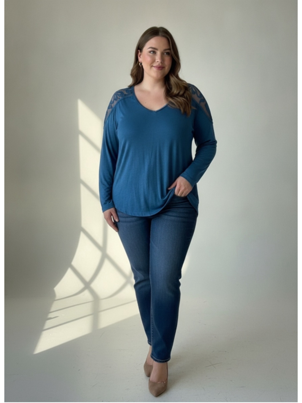 Love & Legend Women’s Teal Long-Sleeve Top with Lace Yoke Size 1X